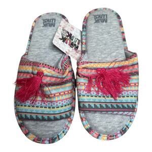 MUK LUKS Pink Grey Aztec Print W.Tessel Women's Florence Slipper Sz M (7/8) NWT